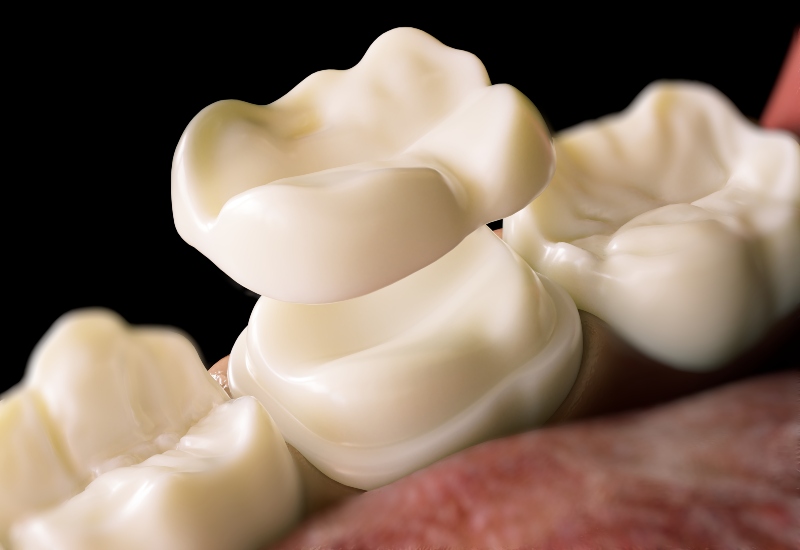 Close-up image of a dental crown being placed on a tooth in Trenton, MI